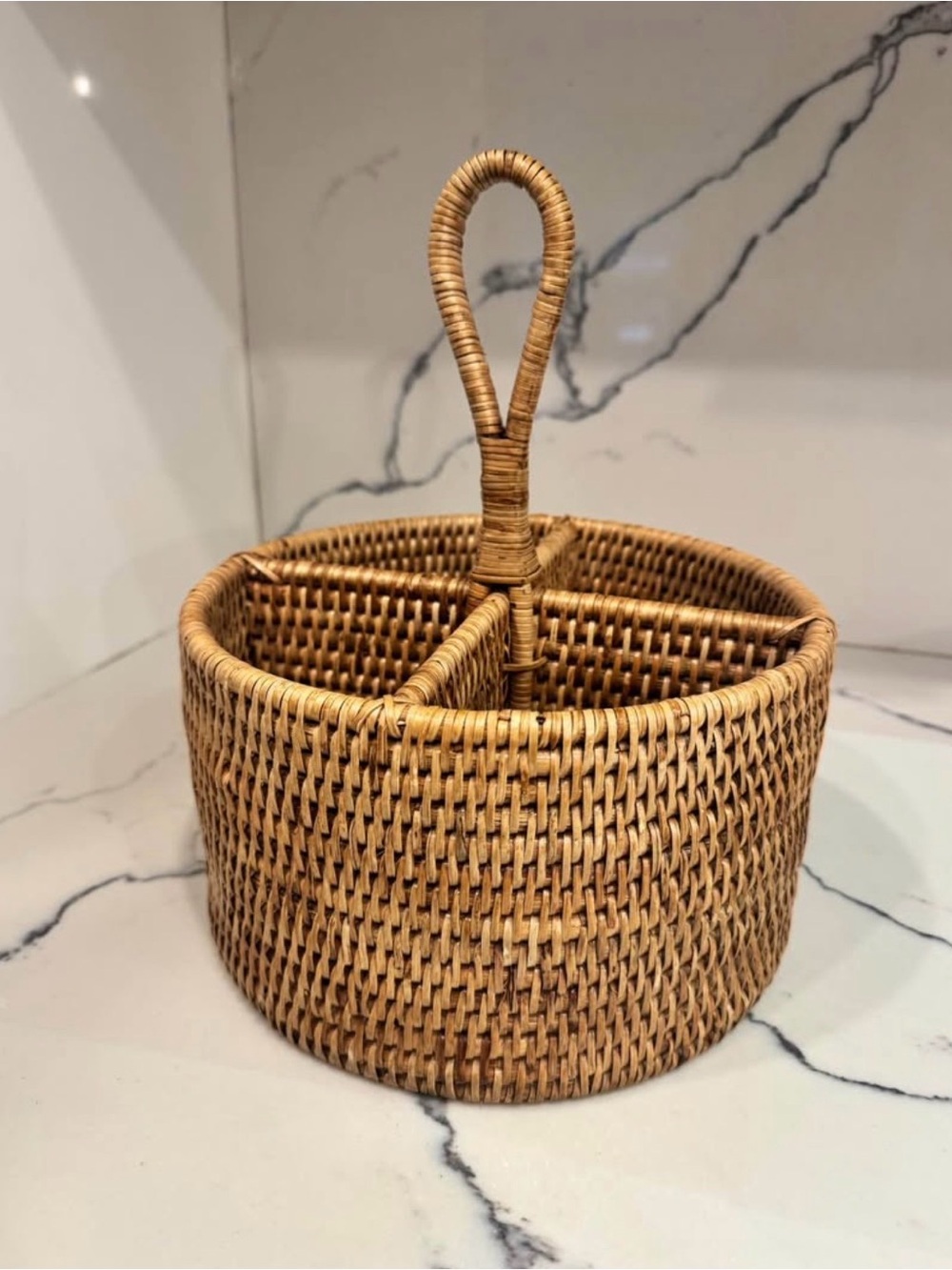 Pottery Barn Tava Handwoven Rattan Round Flatware Caddy